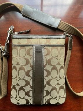 Coach Signature Stripe Swingpack Crossbody Bag Brown Khaki Canvas Leather Trim
